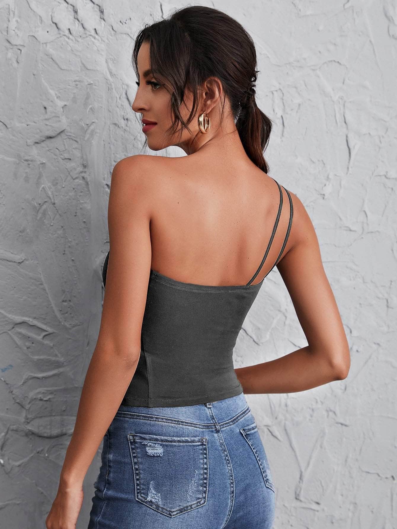 Muybonita.co Topscasualessinmangas3 Dark Grey / S One Shoulder Double Strap Top