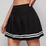 Negro / XL Muybonita falda con fruncido con cinta de rayas con cremallera lateral