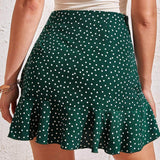 Verde Oscuro / S Muybonita falda de lunares con fruncido con cordón