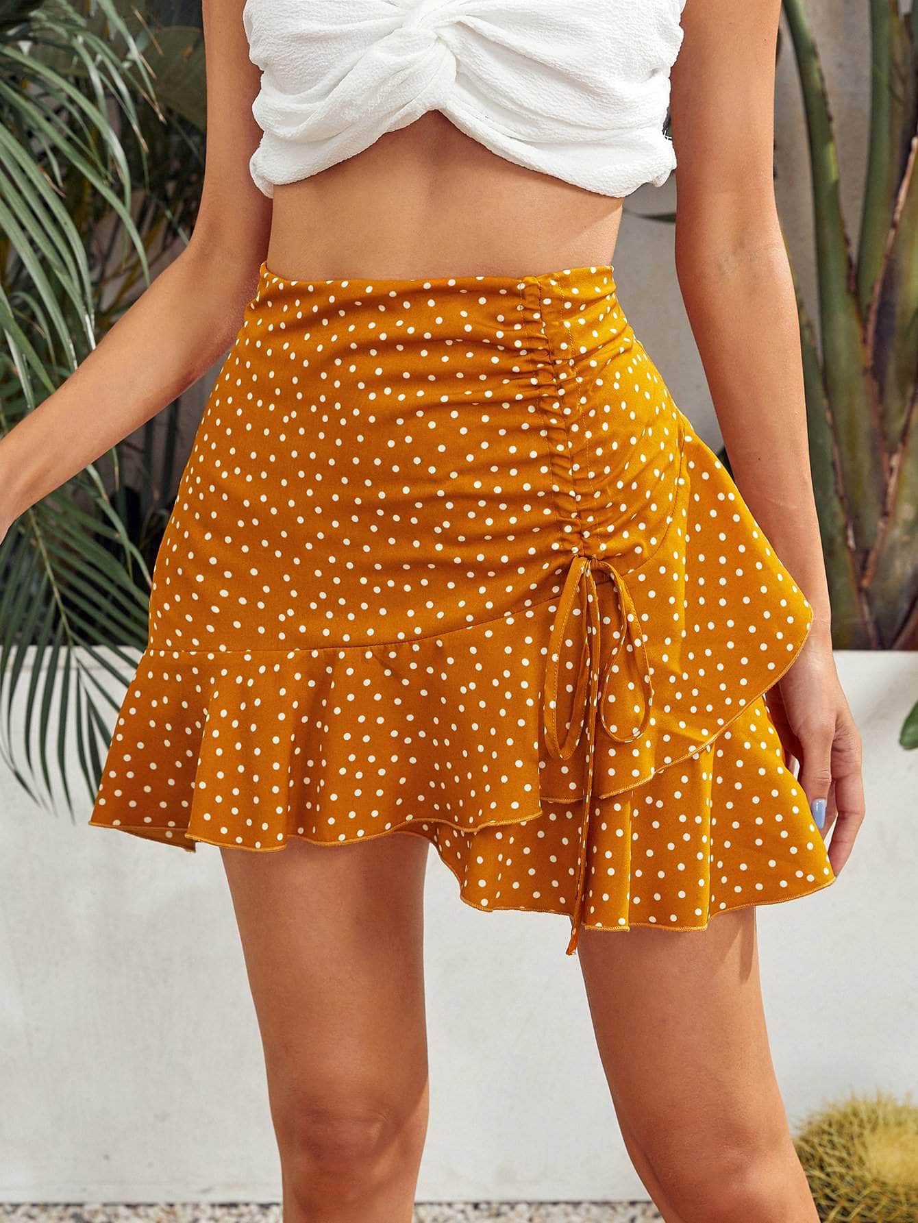 Mostaza Amarilla / XS Muybonita falda de lunares con fruncido con cordón