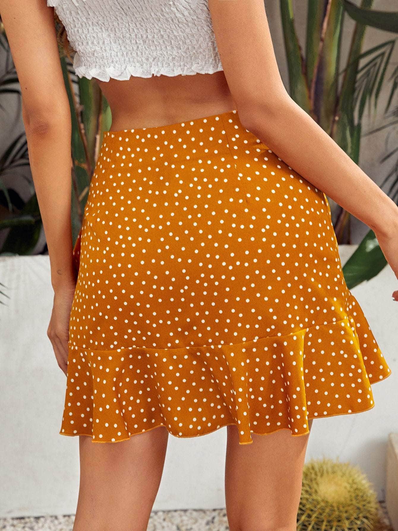 Mostaza Amarilla / S Muybonita falda de lunares con fruncido con cordón