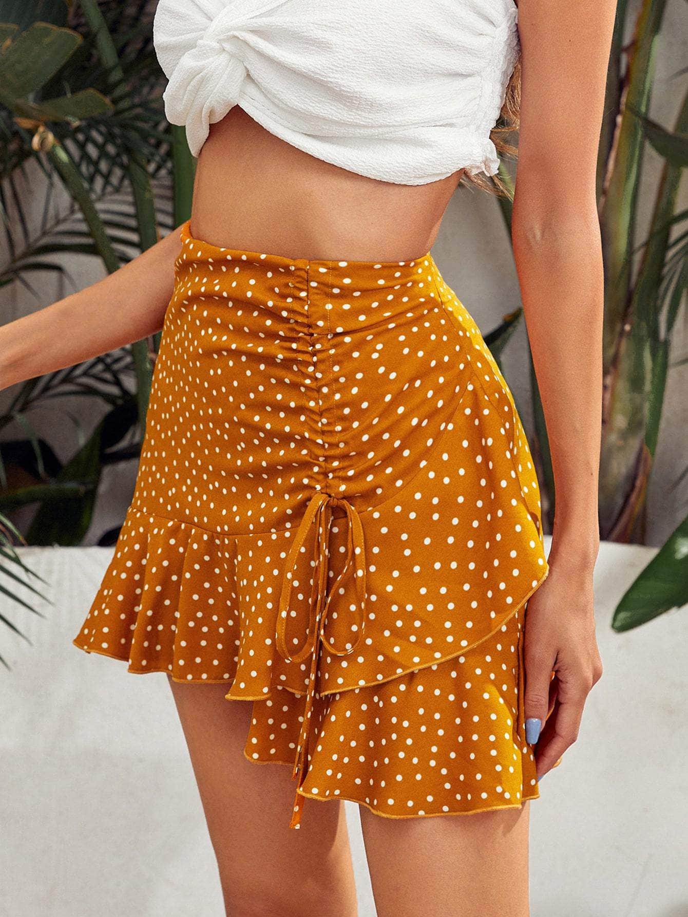 Mostaza Amarilla / M Muybonita falda de lunares con fruncido con cordón