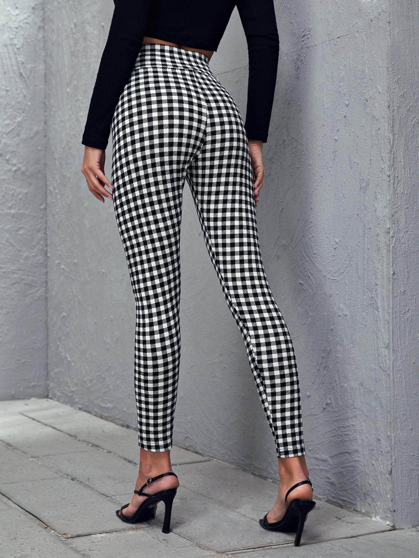 Blanco y Negro / XL Pantalones ajustados con estampado de guingán de cintura ancha