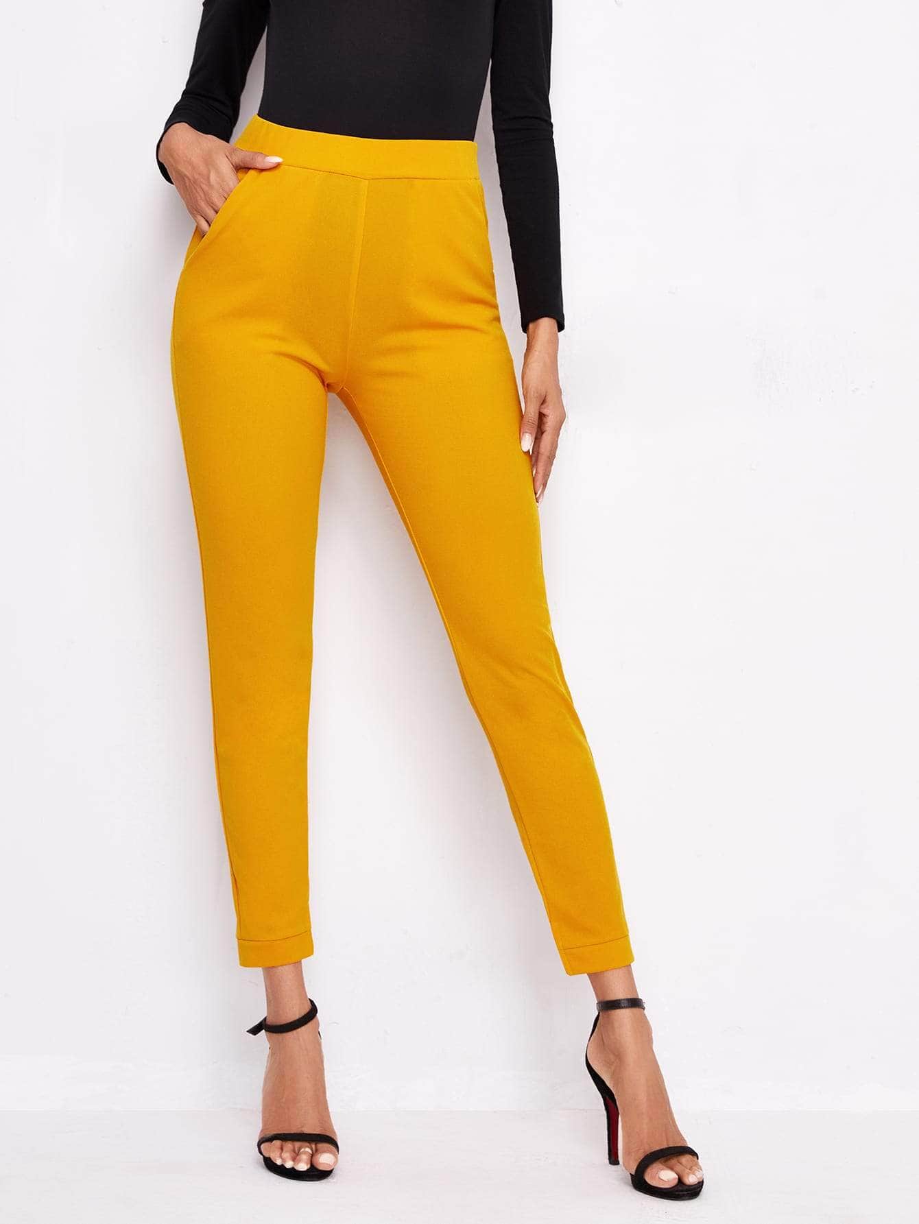 Amarillo / XS pantalones bajo con abertura de cintura elástica