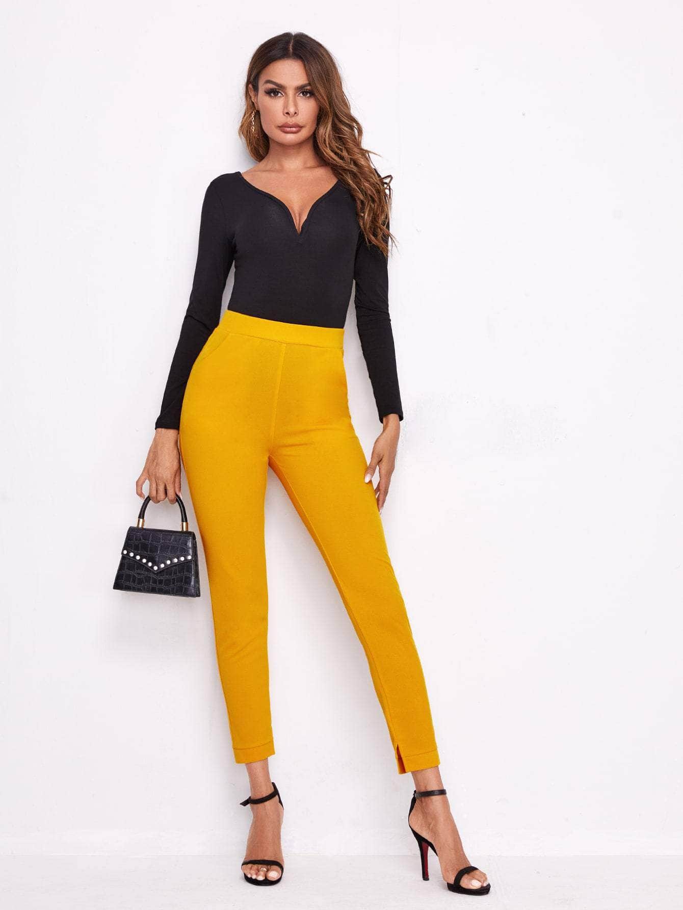 Amarillo / XL pantalones bajo con abertura de cintura elástica