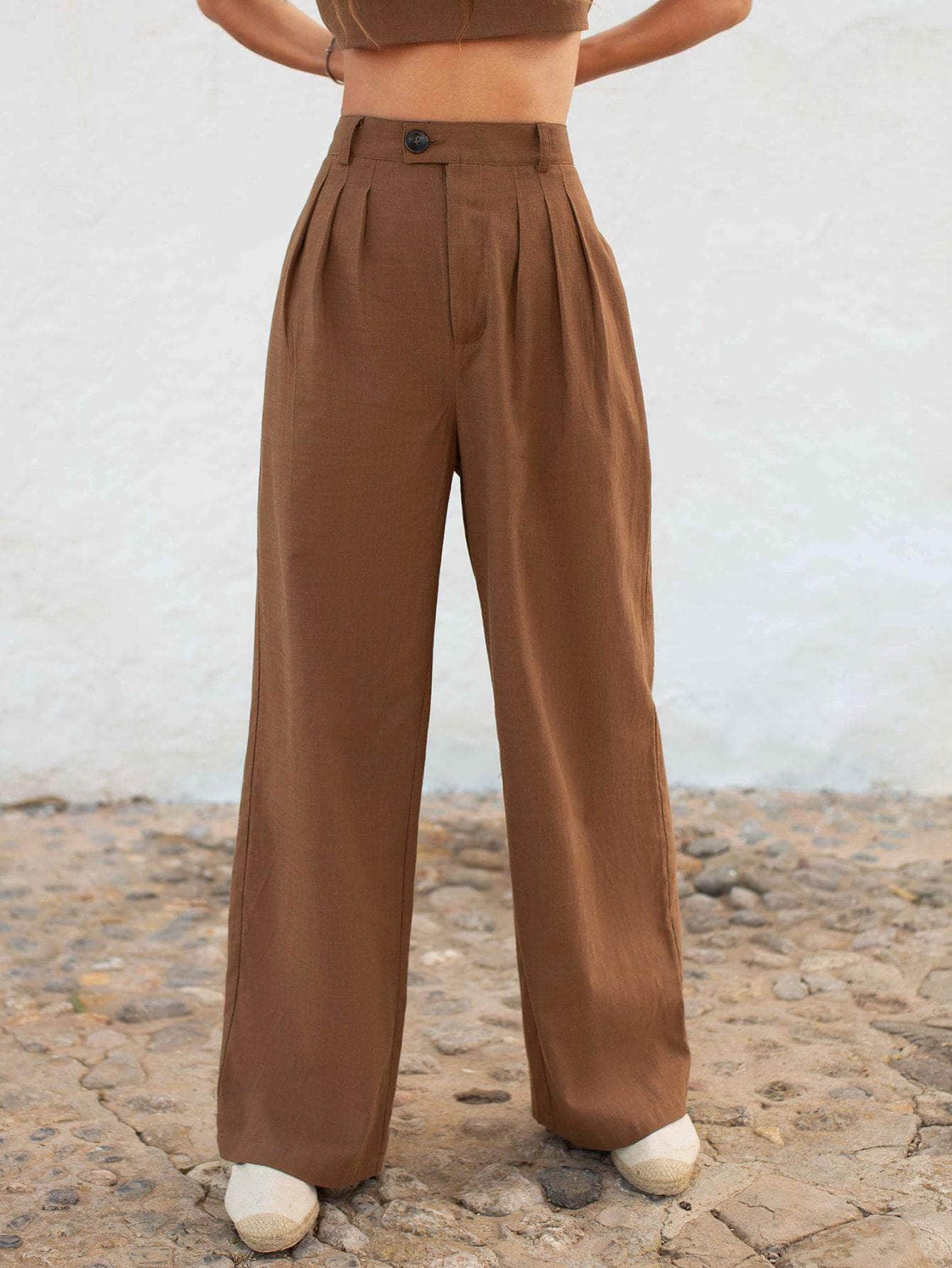 Camel / XS pantalones botón liso elegante