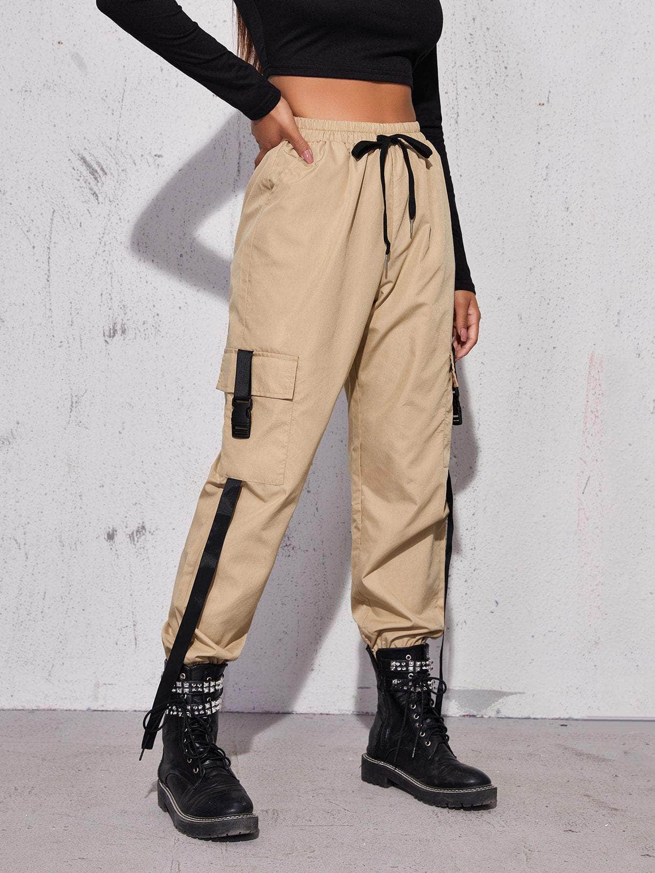 Caqui / XS Pantalones cargo con hebilla con bolsillo con solapa