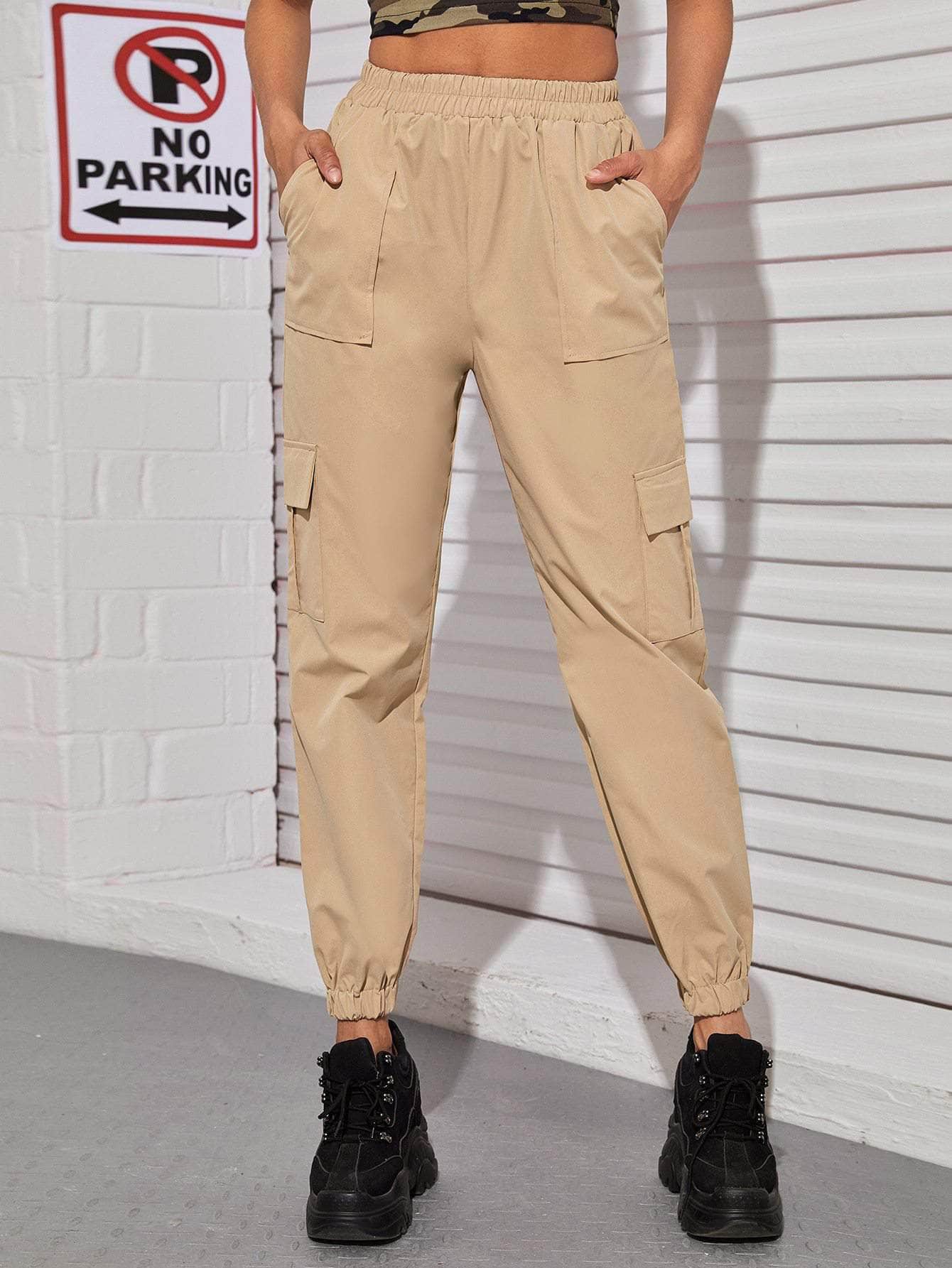 Caqui / S Pantalones cargo de cintura elástica con bolsillo lateral con solapa