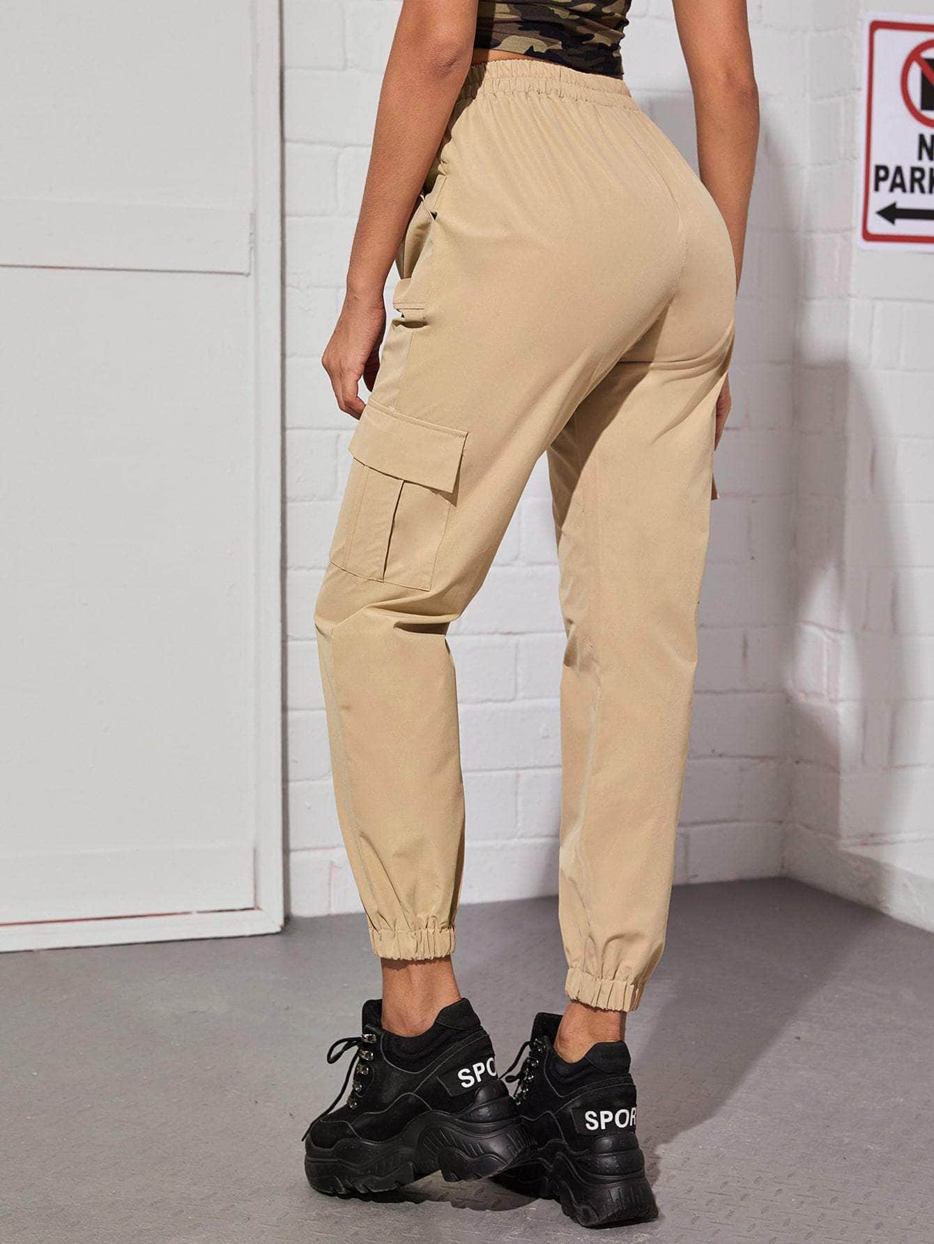 Caqui / M Pantalones cargo de cintura elástica con bolsillo lateral con solapa