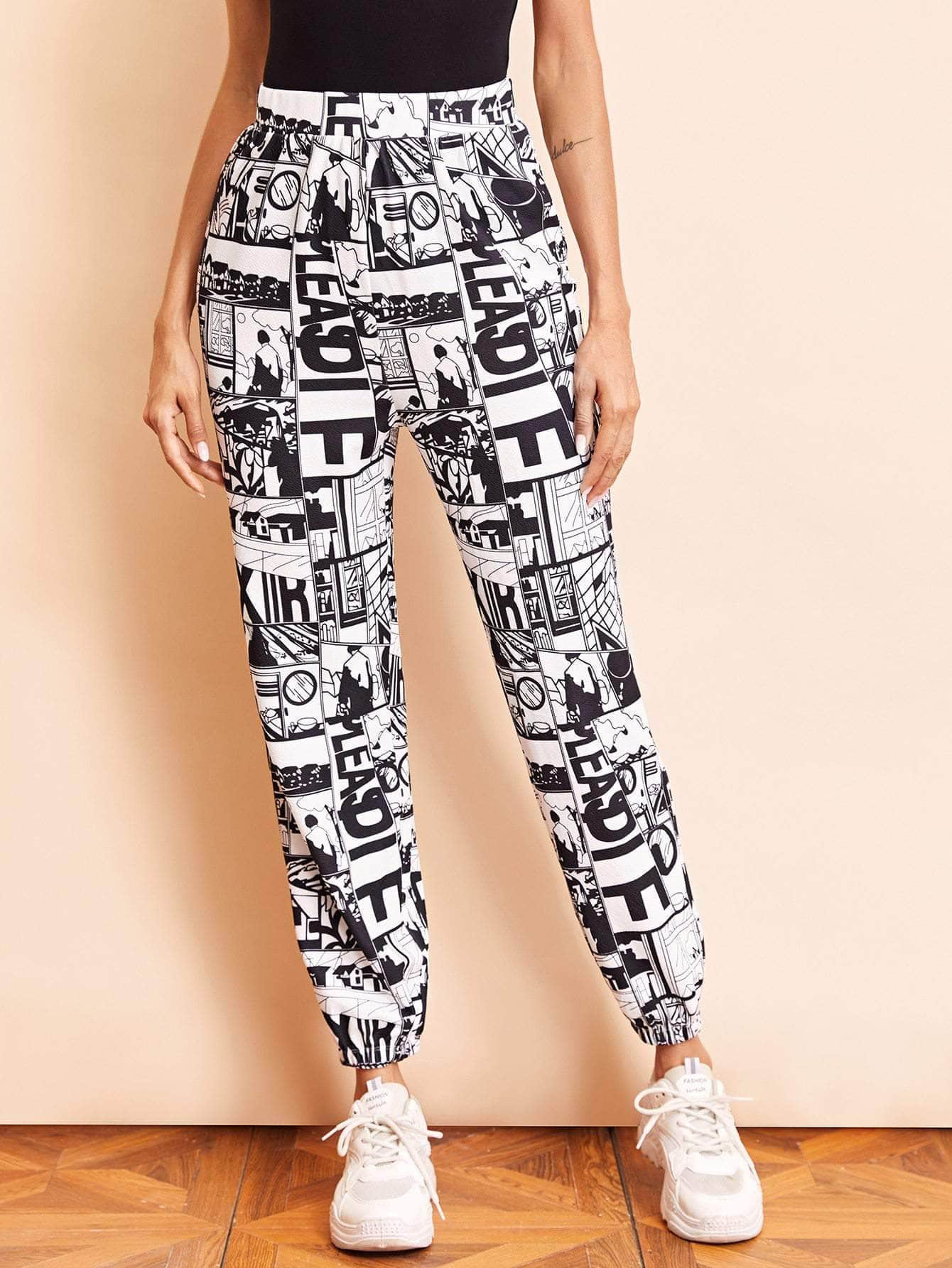 Blanco y Negro / XL Pantalones con estampado de arte pop