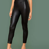 Negro / XL Pantalones de cuero con costura delantera de cintura elástica