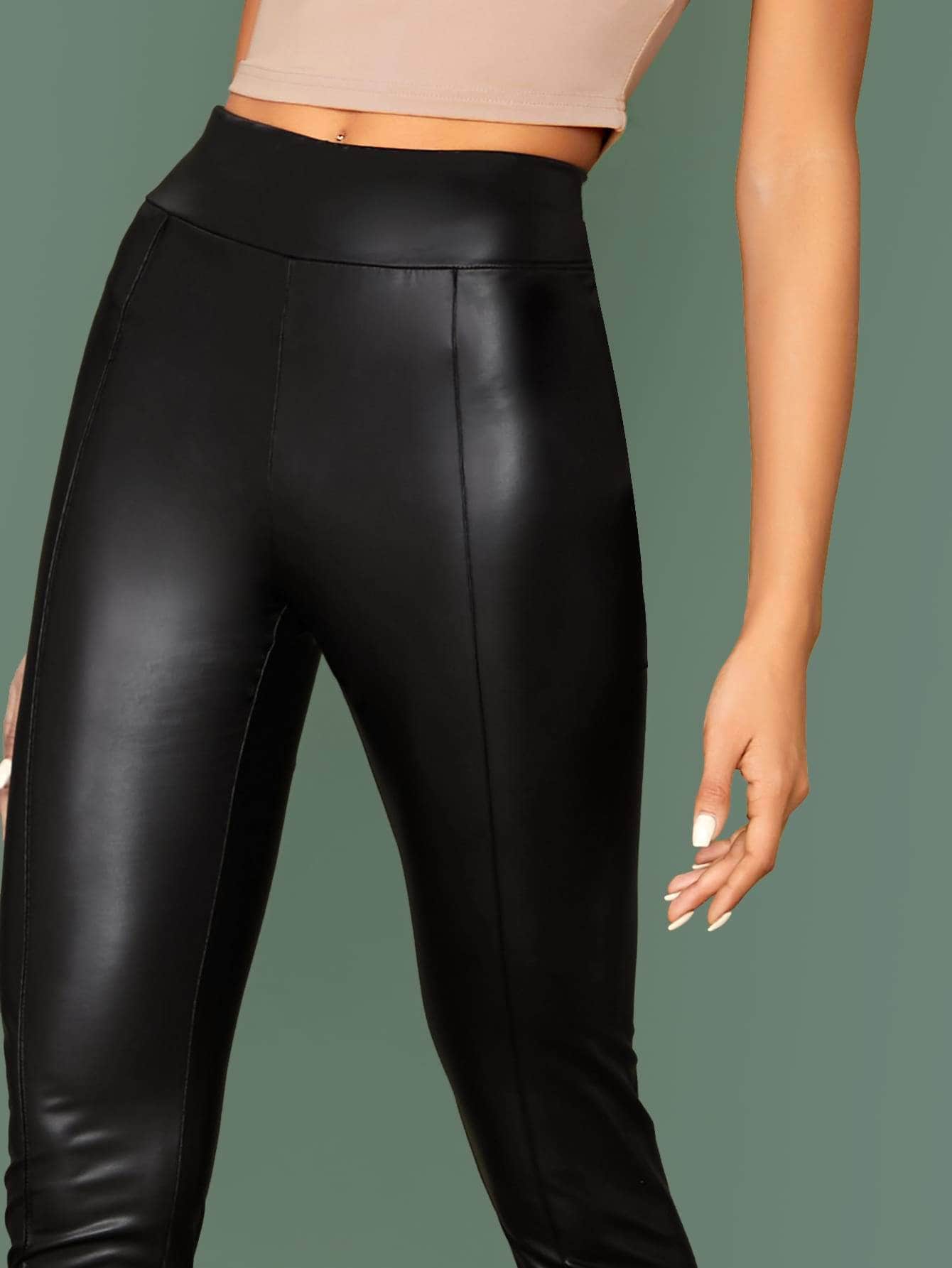 Negro / L Pantalones de cuero con costura delantera de cintura elástica