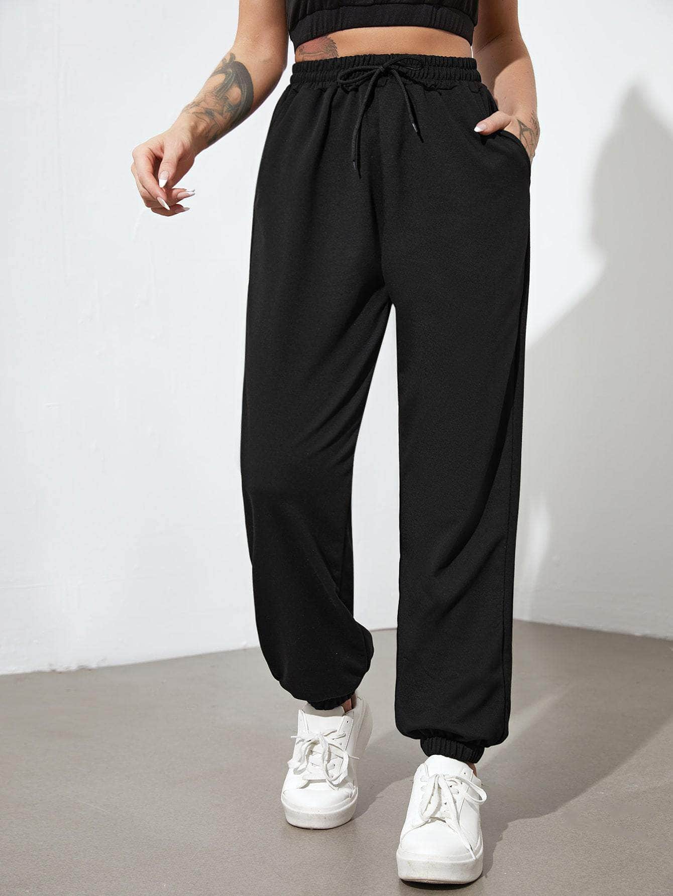 Negro / S Pantalones deportivos con cordón con bolsillos oblicuos unicolor
