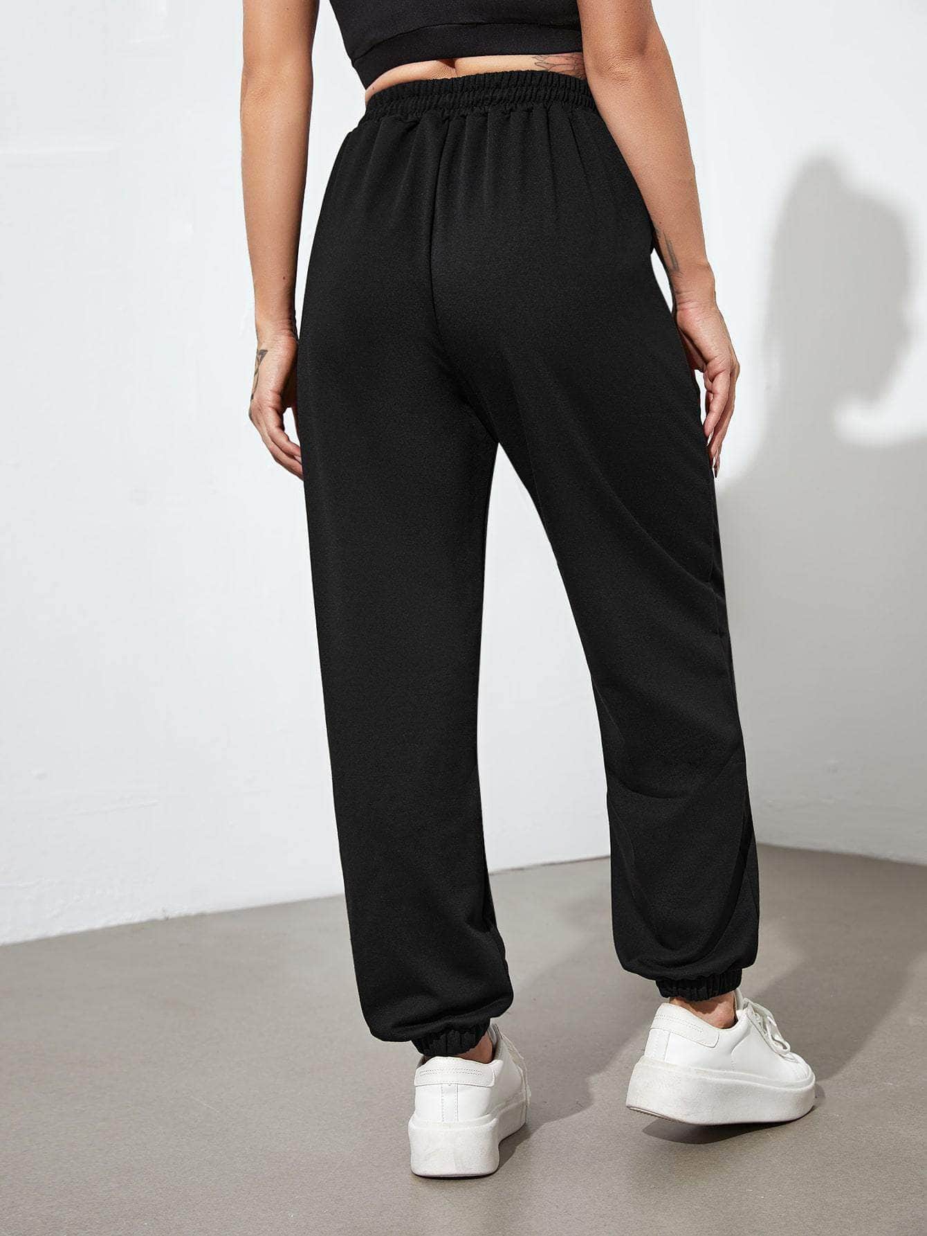 Negro / M Pantalones deportivos con cordón con bolsillos oblicuos unicolor
