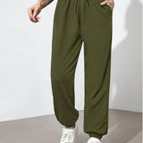 Verde militar / S Pantalones deportivos con cordón con bolsillos oblicuos unicolor