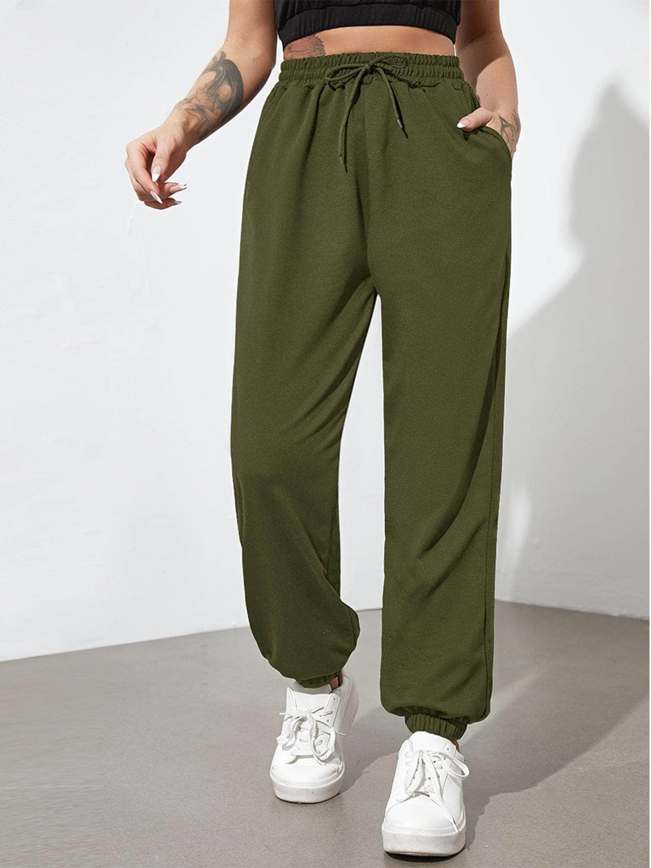 Verde militar / S Pantalones deportivos con cordón con bolsillos oblicuos unicolor