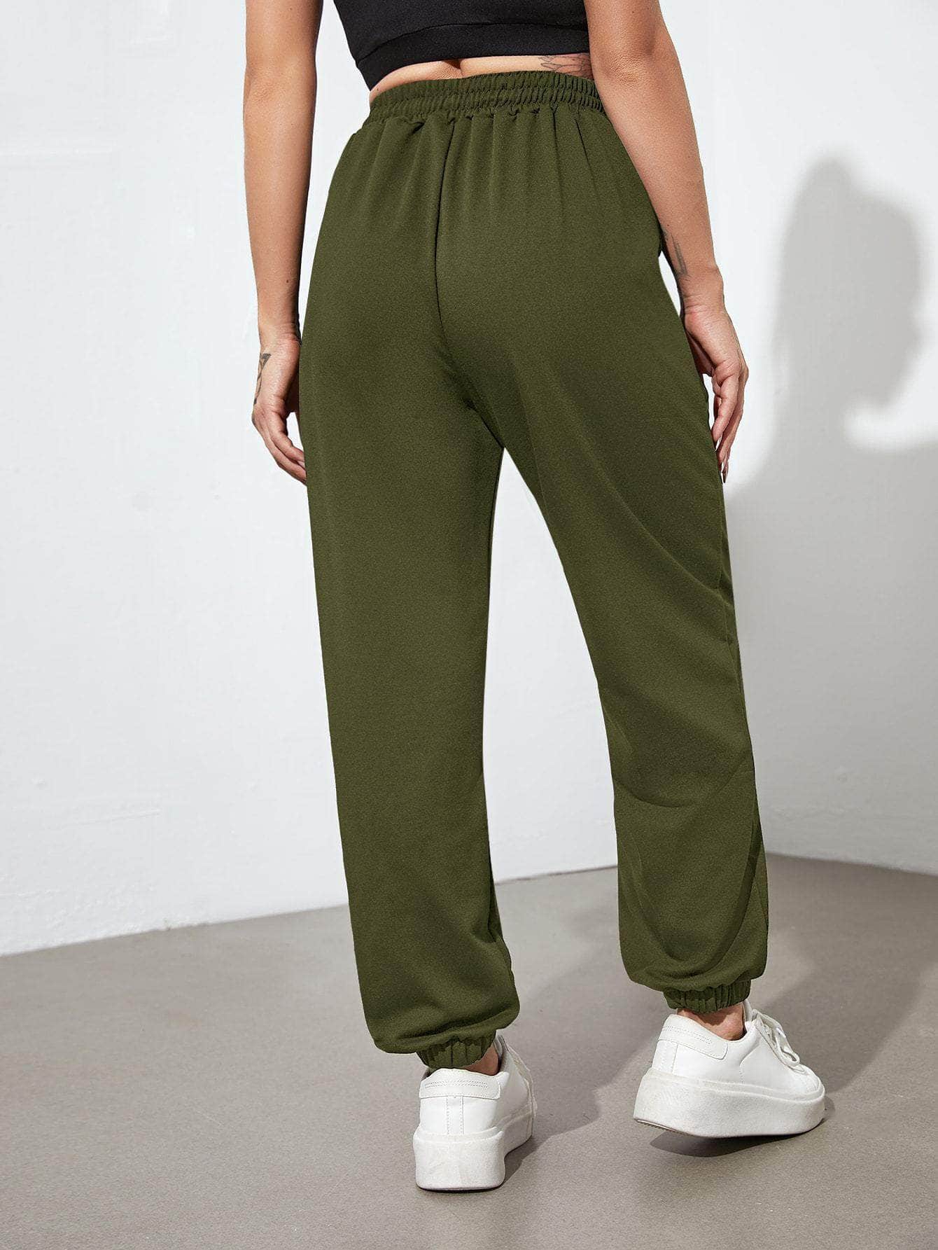 Verde militar / M Pantalones deportivos con cordón con bolsillos oblicuos unicolor
