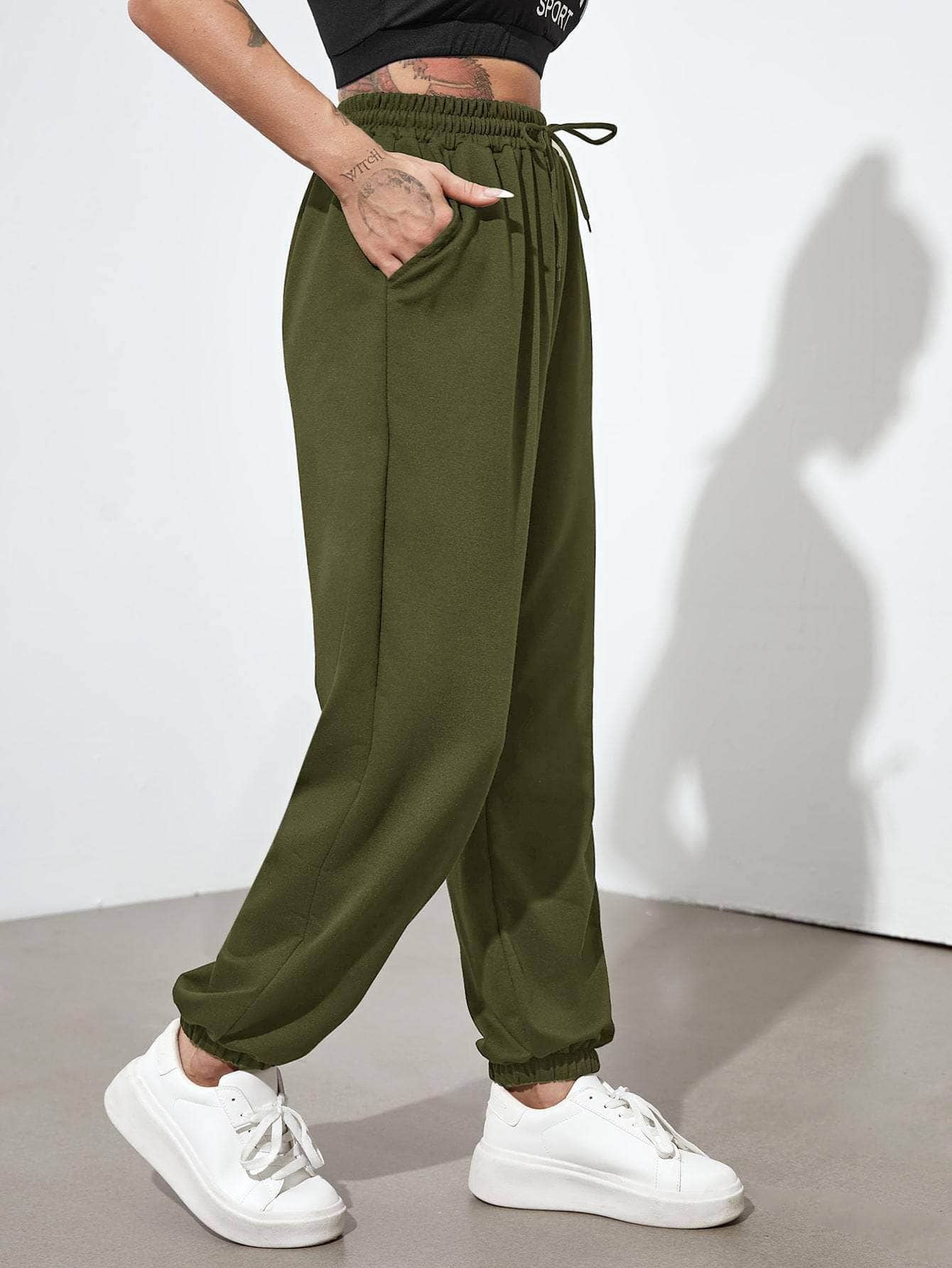 Verde militar / XL Pantalones deportivos con cordón con bolsillos oblicuos unicolor