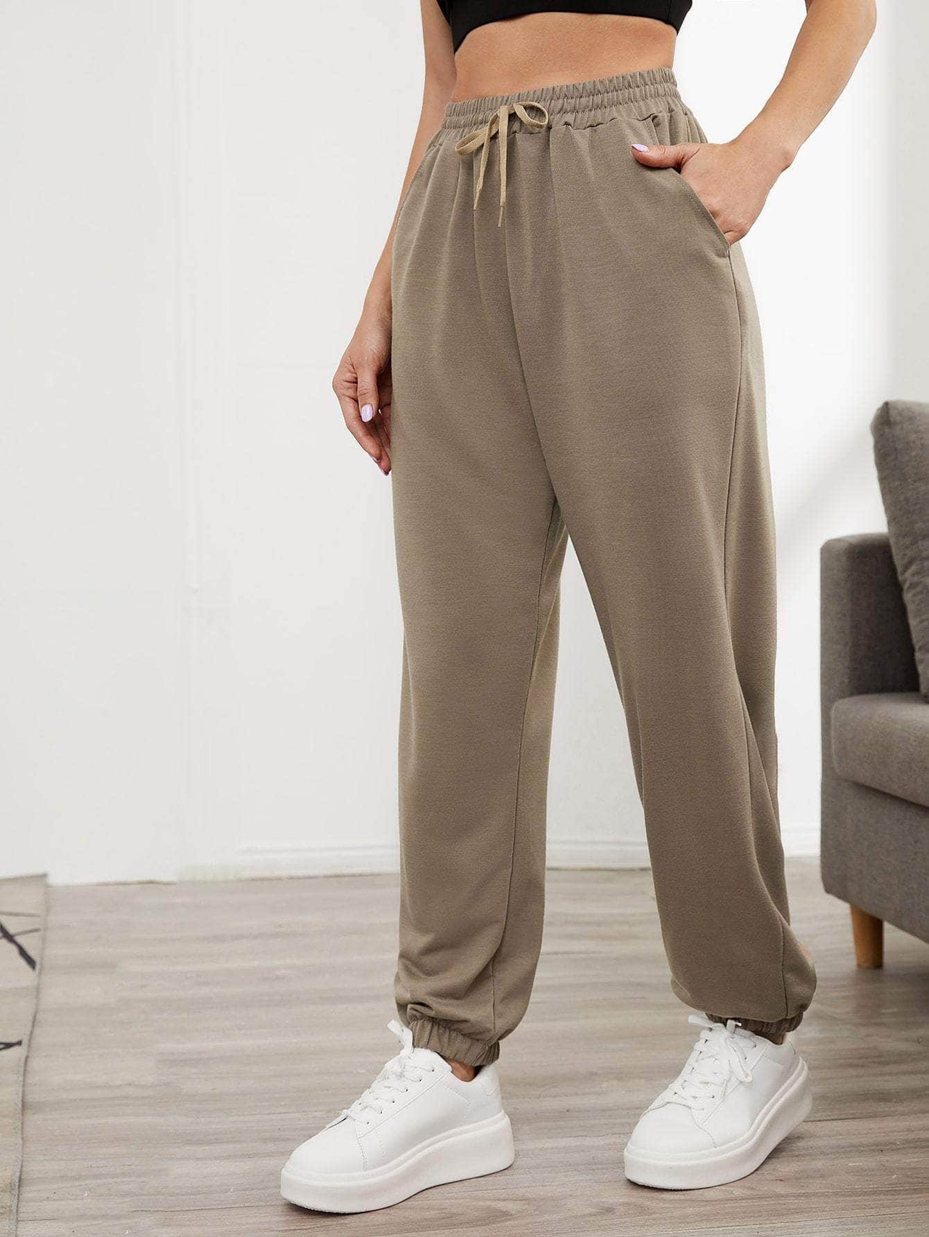 Marron Mocha / S Pantalones deportivos con cordón con bolsillos oblicuos unicolor