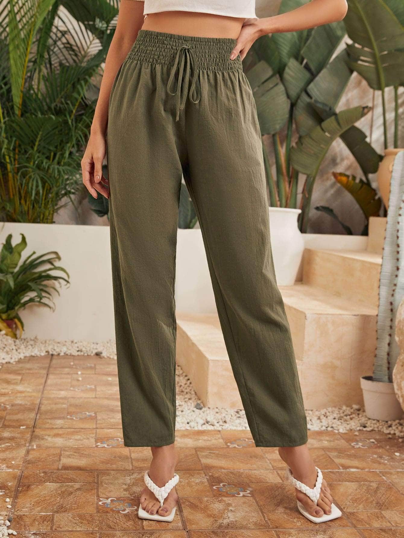 Verde militar / XS Pantalones unicolor de cintura con nudo fruncido