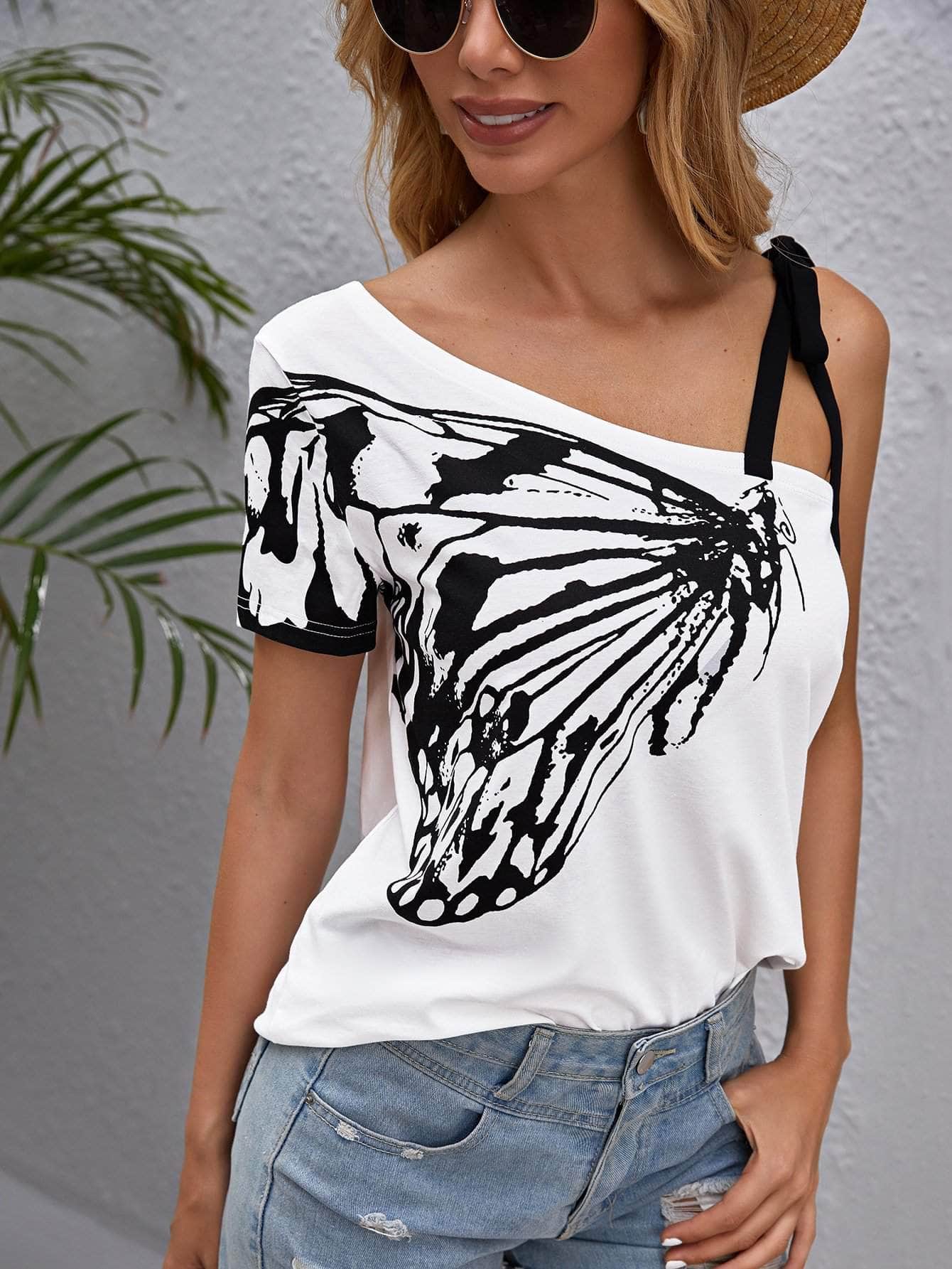 Blanco / XS SHEIN Camiseta con estampado de mariposa de hombro con cordón