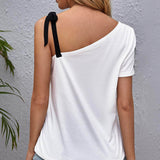 Blanco / S SHEIN Camiseta con estampado de mariposa de hombro con cordón