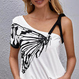 Blanco / L SHEIN Camiseta con estampado de mariposa de hombro con cordón
