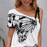 SHEIN Camiseta con estampado de mariposa de hombro con cordón