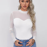 Blanco / XS SHEIN Camiseta unicolor de yugo con malla