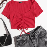 Rojo / XS SHEIN Camisetas Cordón Liso Sexy