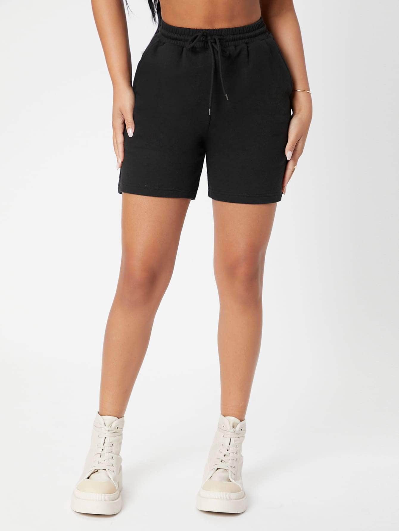 Negro / Petite XXS SHEIN PETITE Shorts deportivos de cintura con cordón