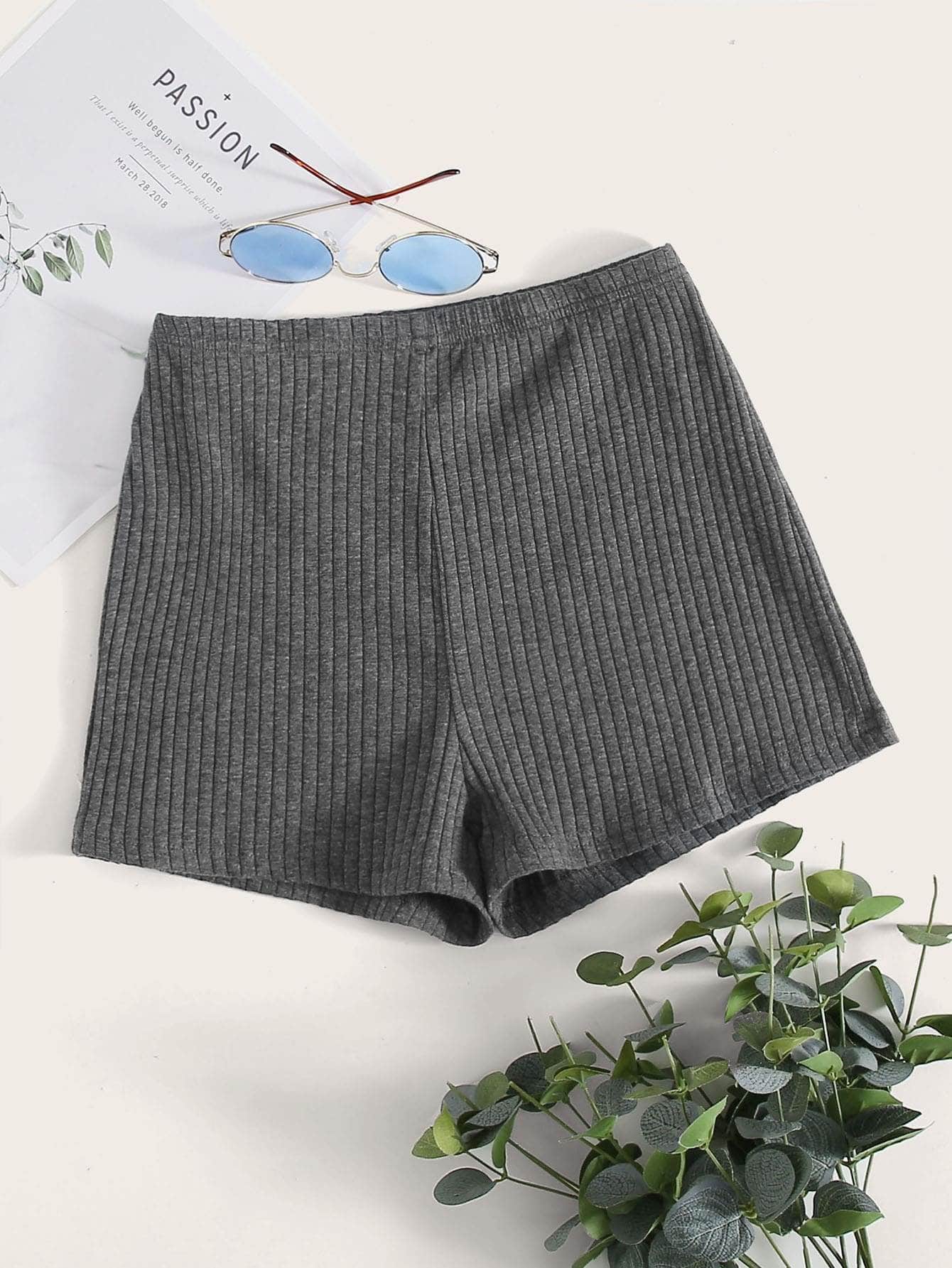 Gris / XS SHEIN Shorts tejido de canalé de cintura elástica