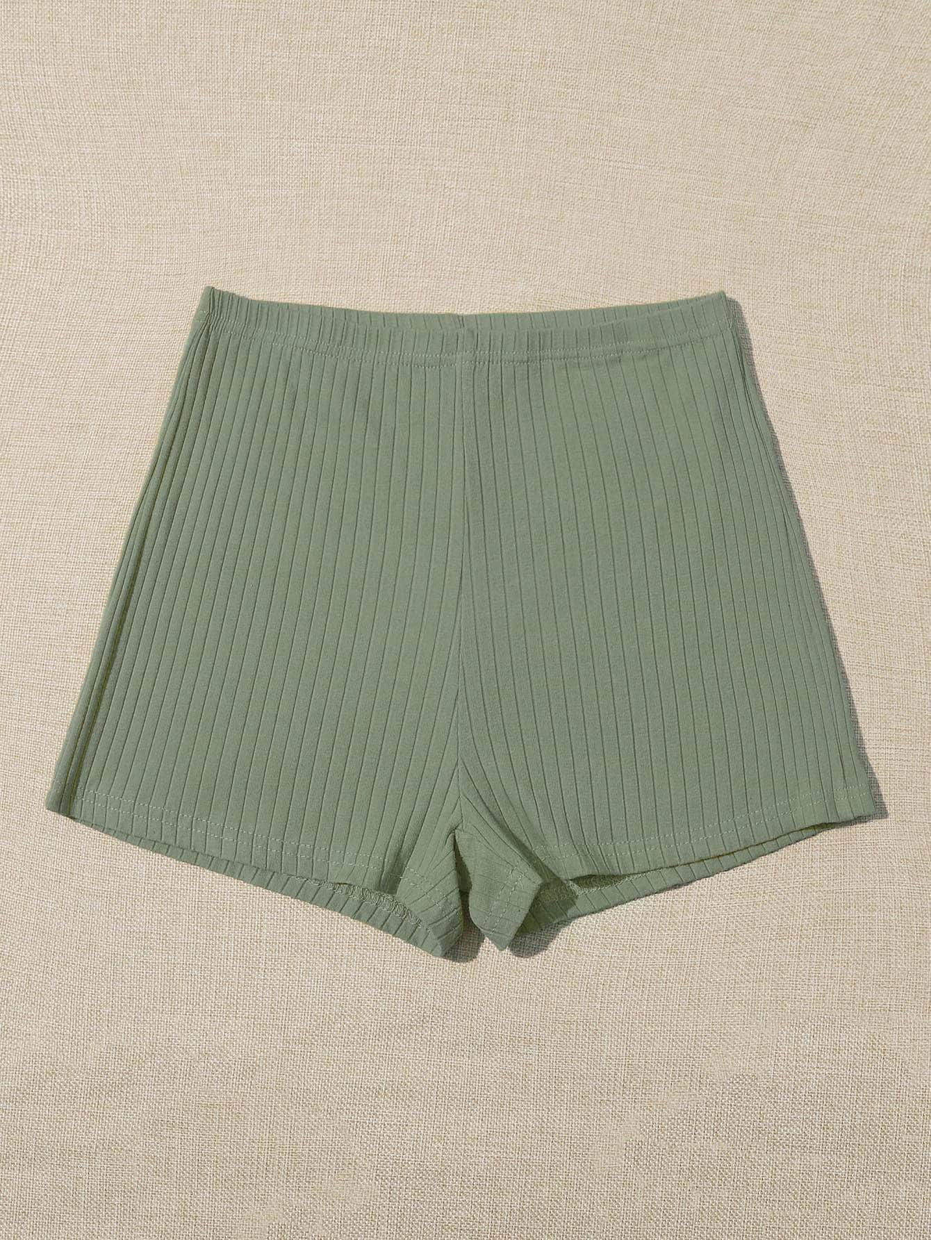 Verde militar / L SHEIN Shorts tejido de canalé de cintura elástica
