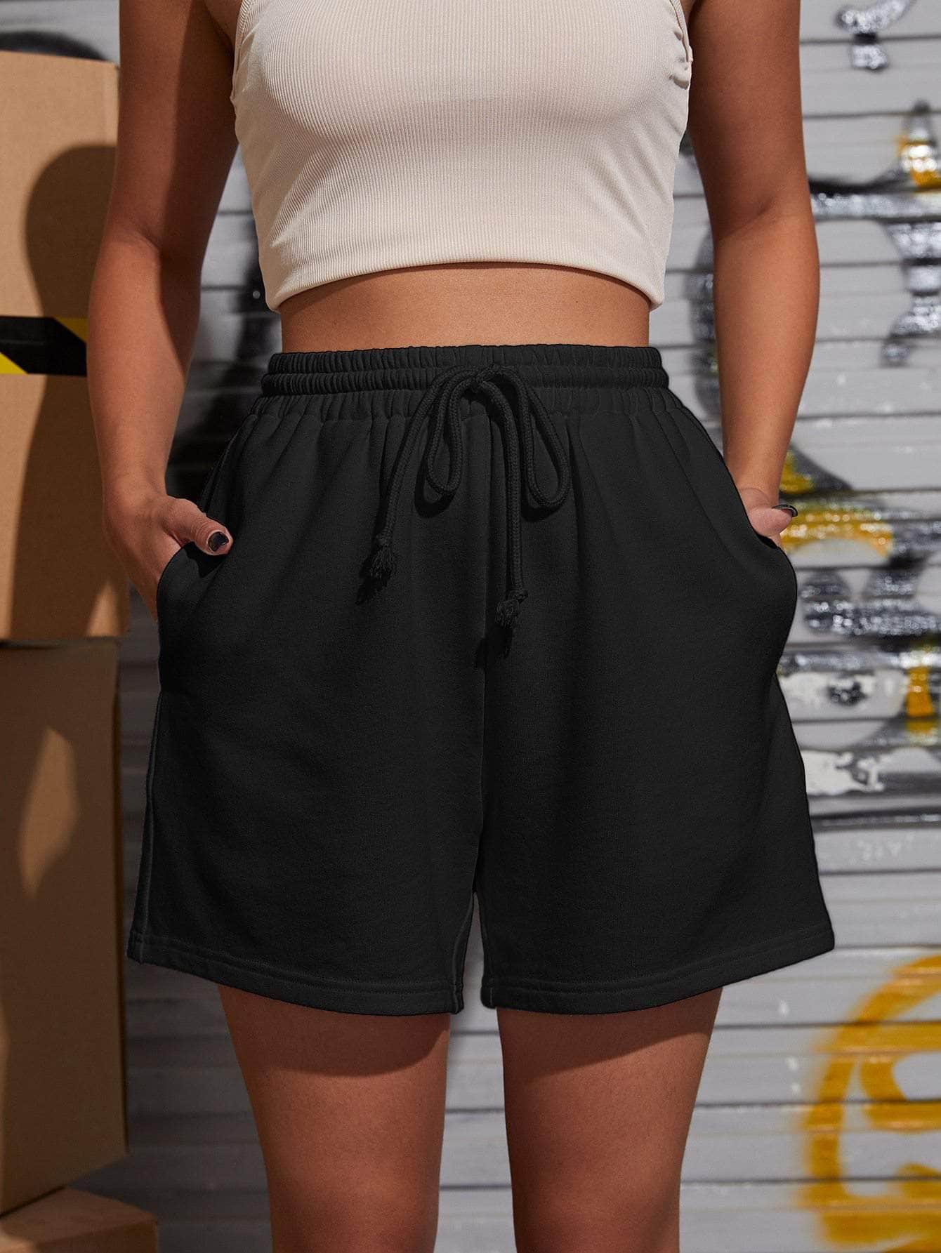 Negro / XS SHEIN Shorts track unicolor de cintura con cordón