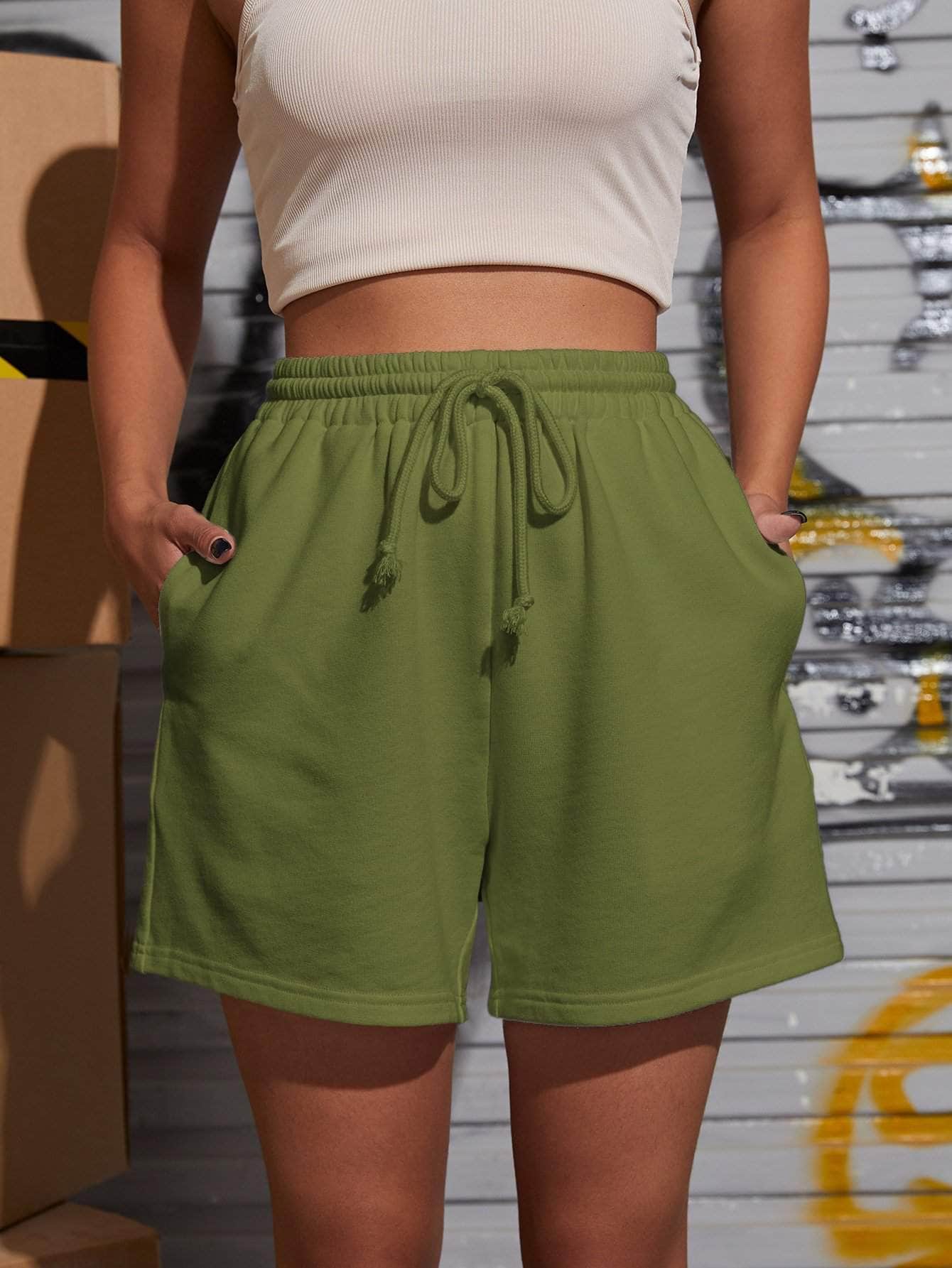 Verde militar / XS SHEIN Shorts track unicolor de cintura con cordón