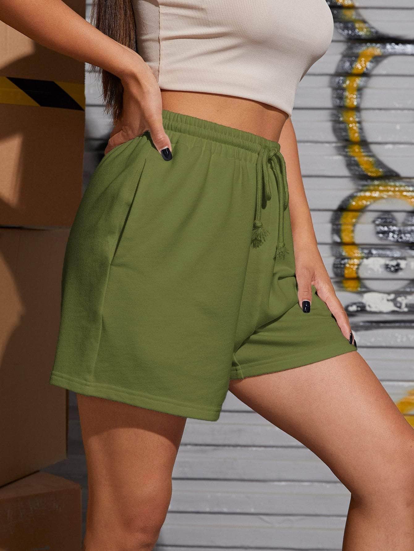 Verde militar / L SHEIN Shorts track unicolor de cintura con cordón