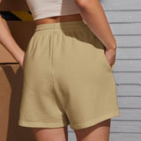 Caqui / S SHEIN Shorts track unicolor de cintura con cordón