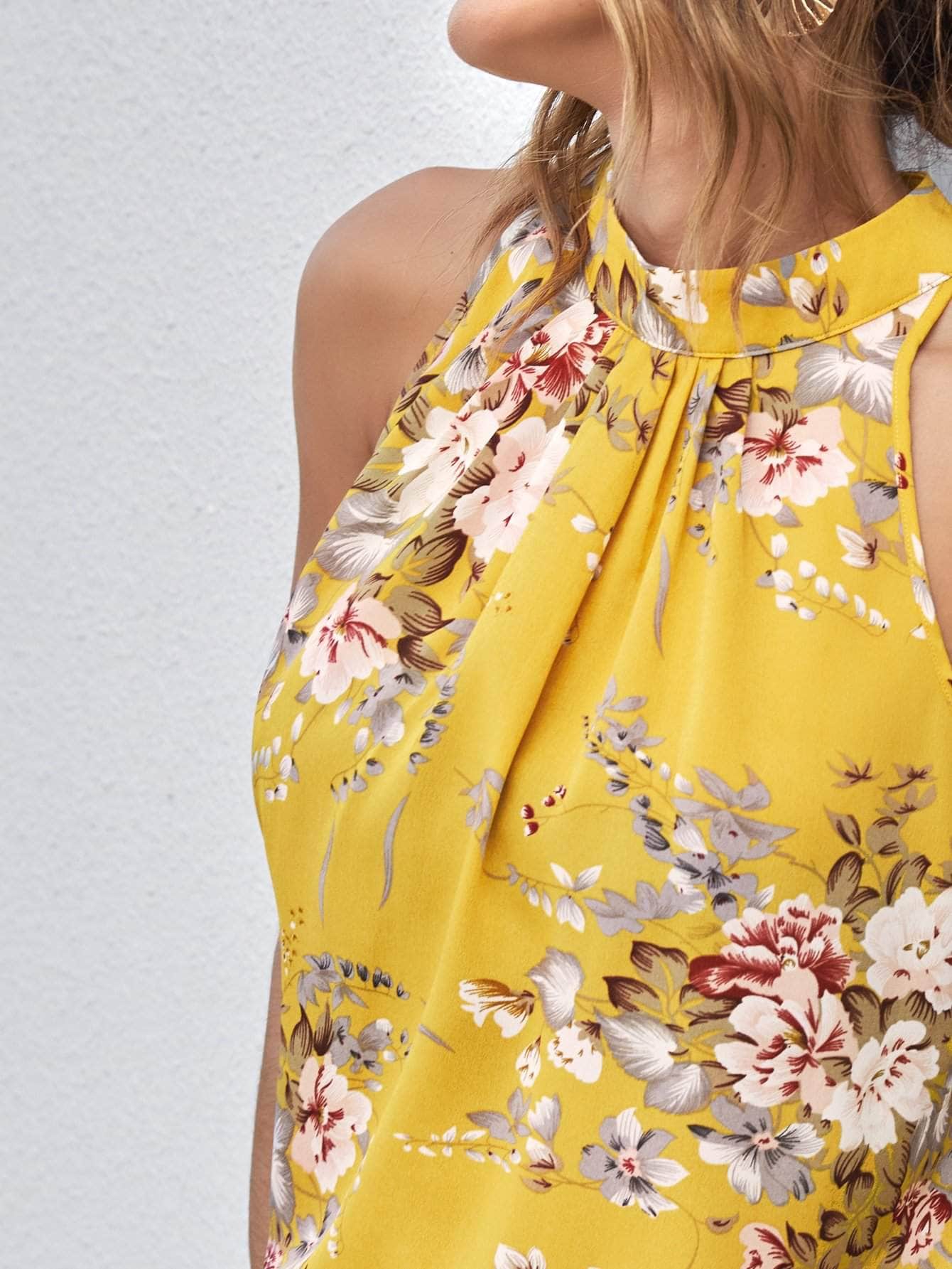 Amarillo / L SHEIN Top con estampado floral con fruncido