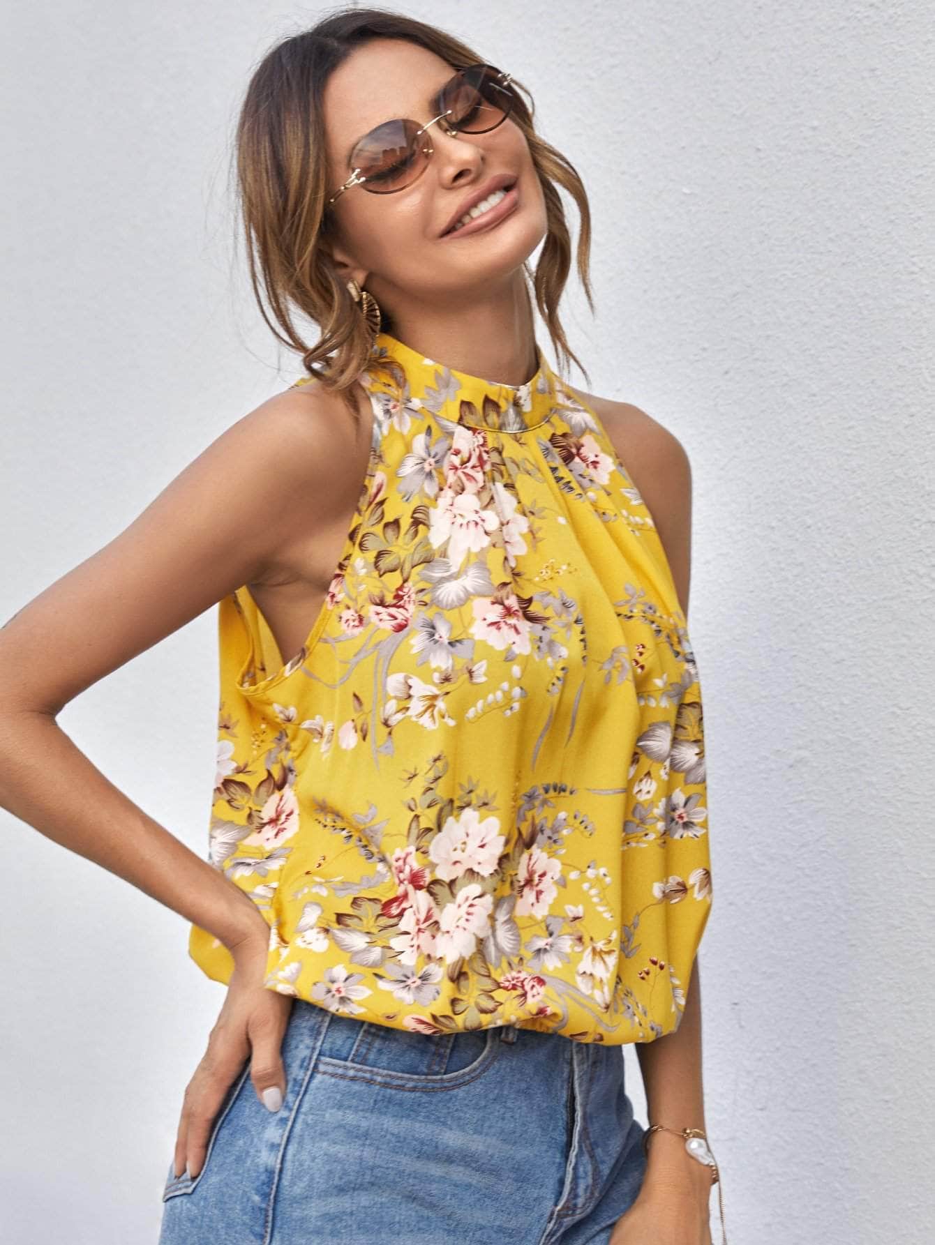 Amarillo / XL SHEIN Top con estampado floral con fruncido