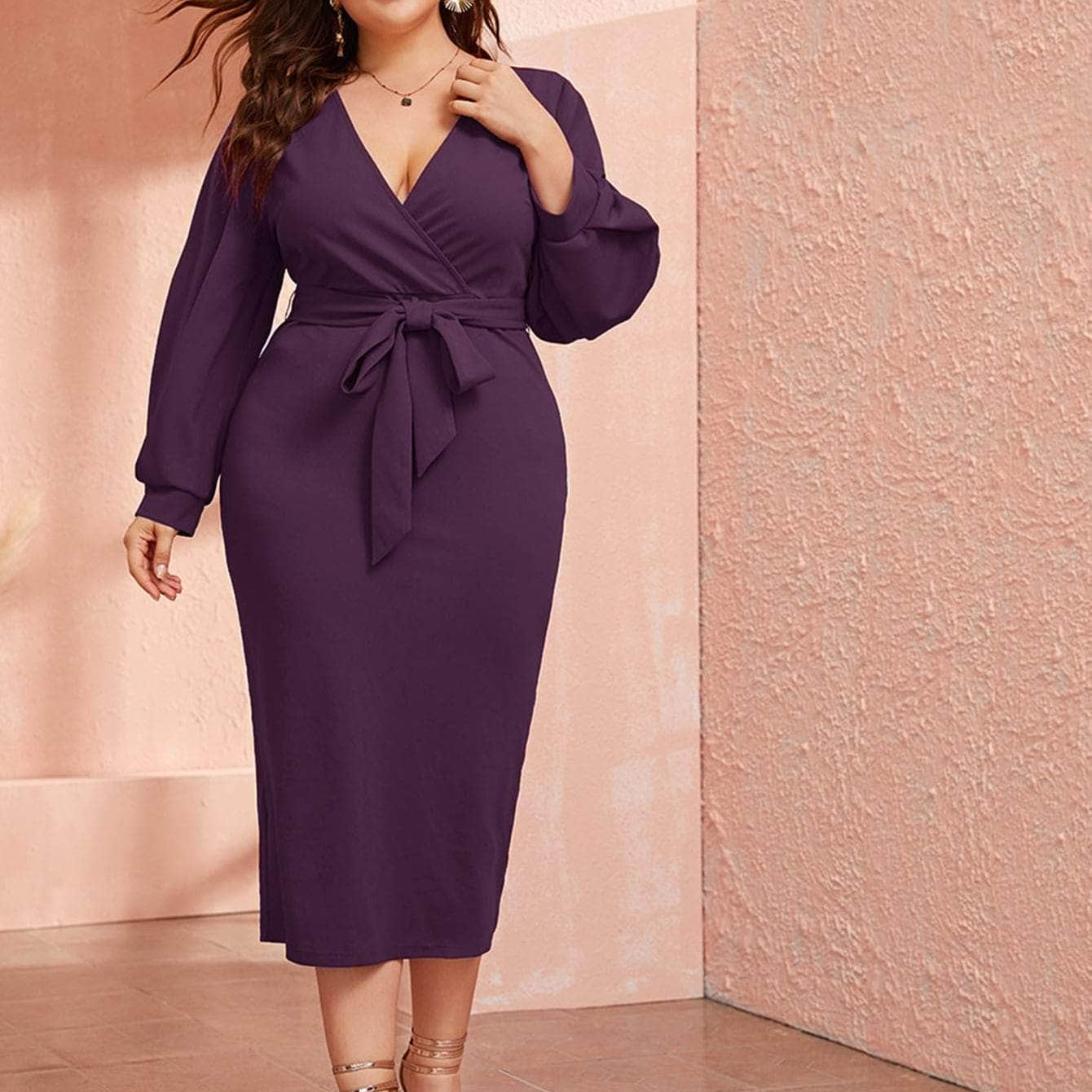 Morado / 0XL SHEIN Vestido lápiz bajo con abertura de manga farol con cinturón - grande