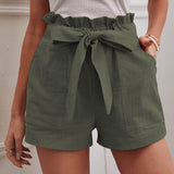 Verde militar / S Shorts con cinturón de cintura con volante unicolor