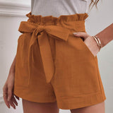 Naranja Quemada / S Shorts con cinturón de cintura con volante unicolor