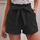 Negro / S Shorts con cinturón de cintura con volante unicolor