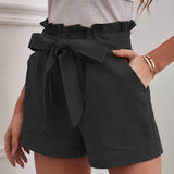 Negro / XL Shorts con cinturón de cintura con volante unicolor