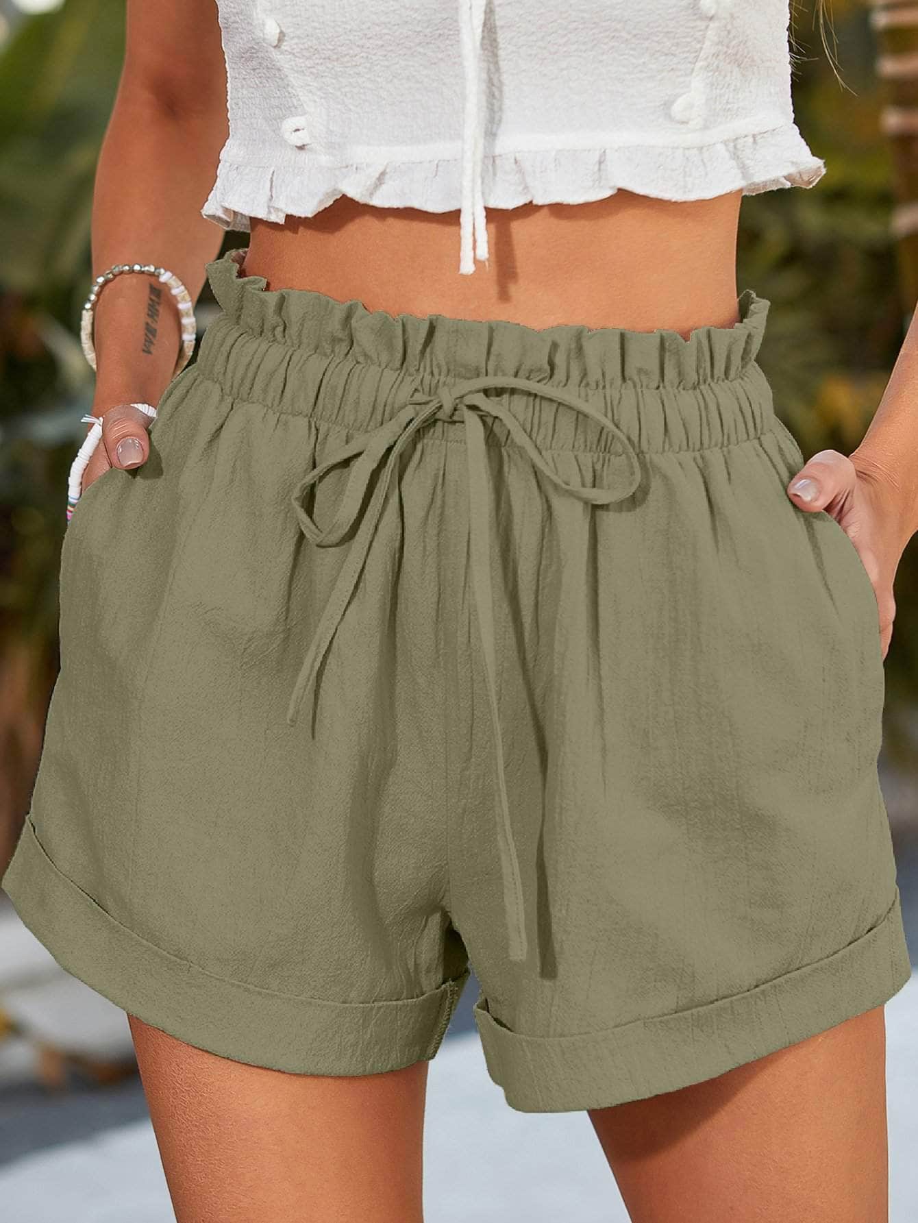Verde militar / XL Shorts de cintura con volante con cordón