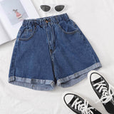Azul Marino / S Shorts jean bajo de doblez con lavado
