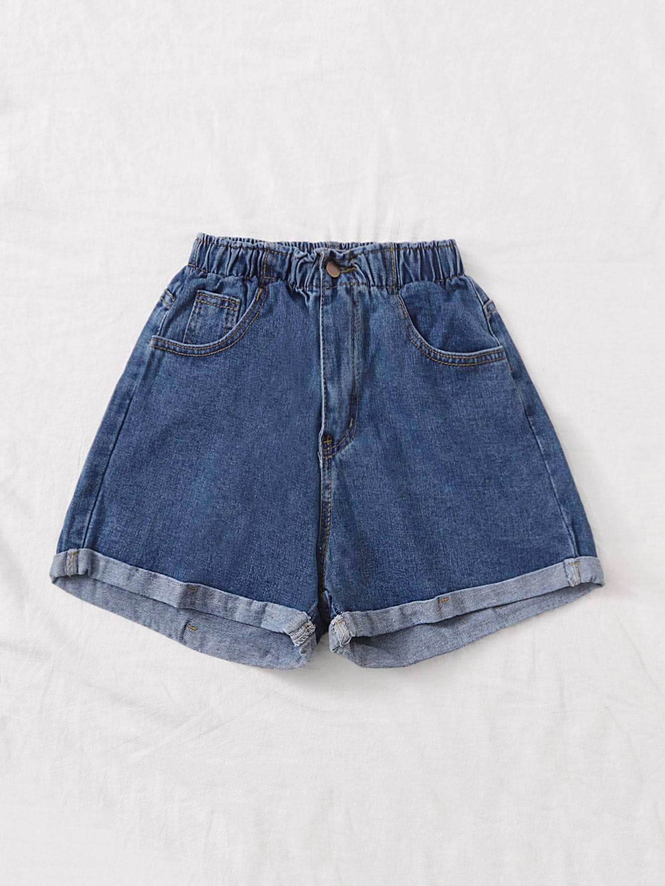 Azul Marino / L Shorts jean bajo de doblez con lavado
