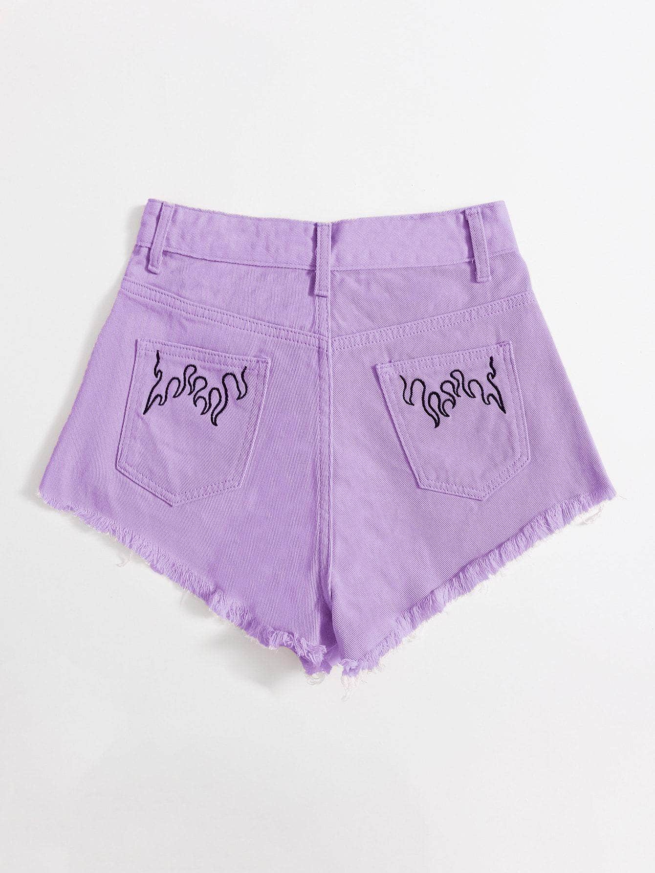 Lila Purpura / XS Shorts jean con bordado bajo crudo