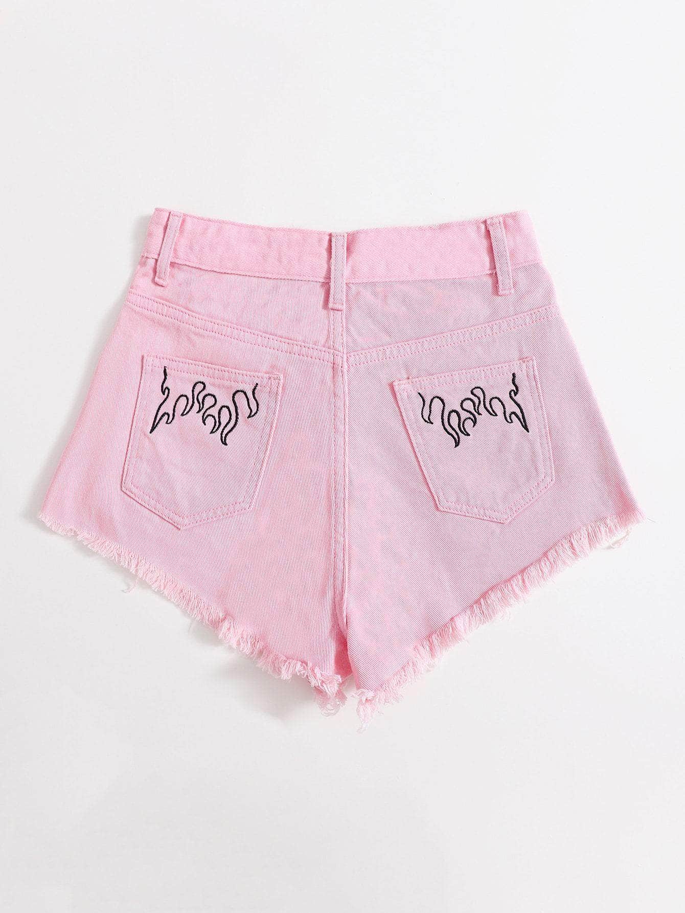 Rosa / XS Shorts jean con bordado bajo crudo