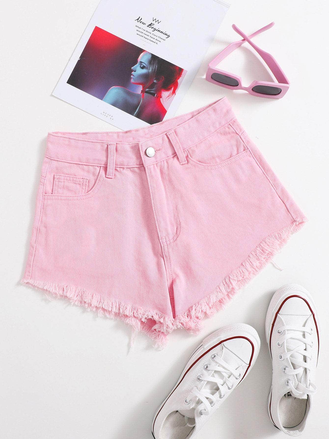Rosa / S Shorts jean con bordado bajo crudo